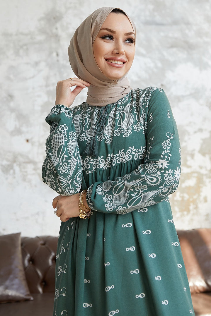 MDS Women Selva Front Tasseled Patterned Viscose Dress - Mint - Langen