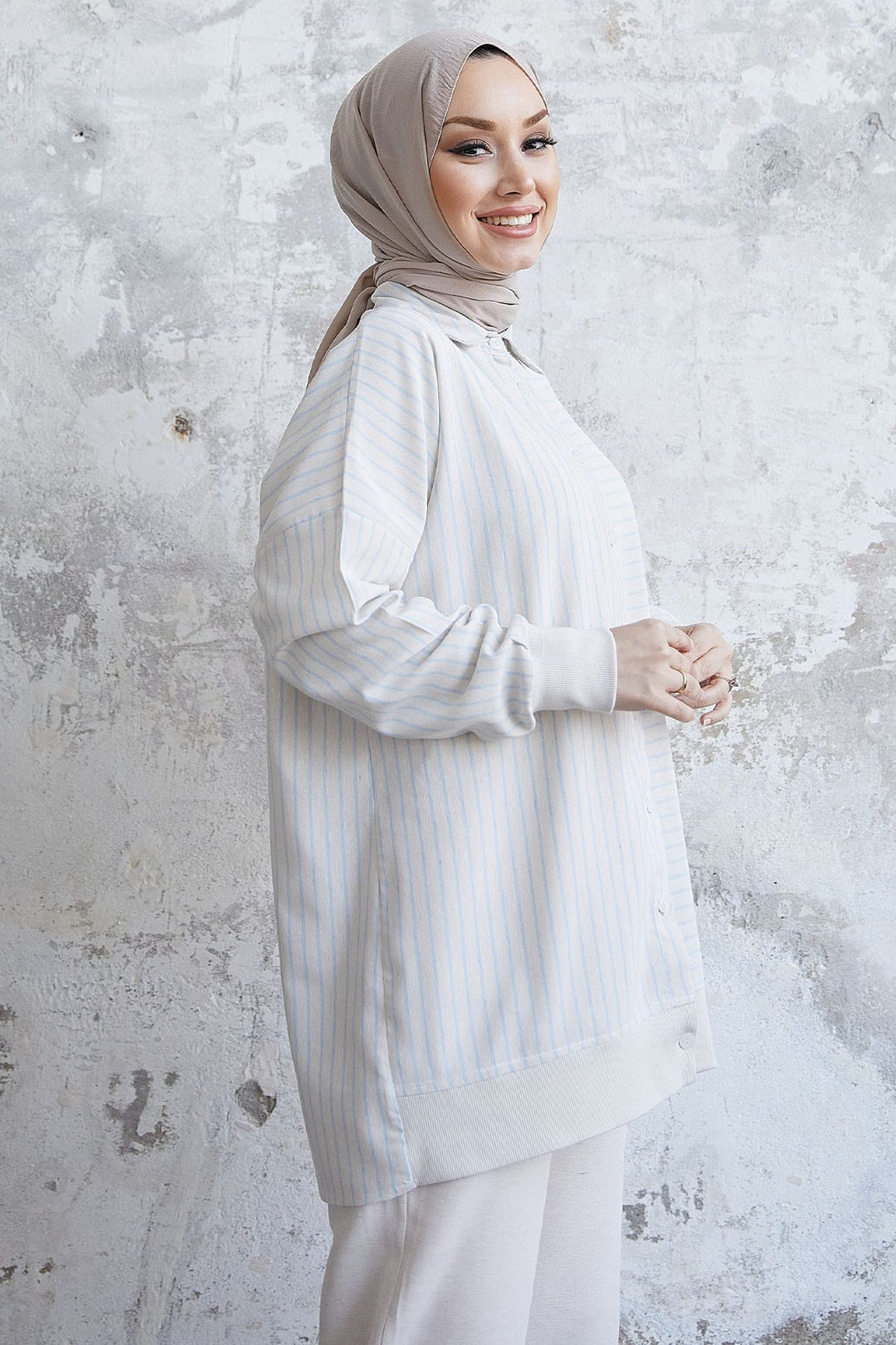 MDS Women Striped Pattern Linen Shirt Set - Light Blue - Matamoros