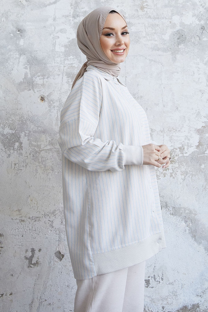MDS Women Striped Pattern Linen Shirt Set - Light Blue - Matamoros