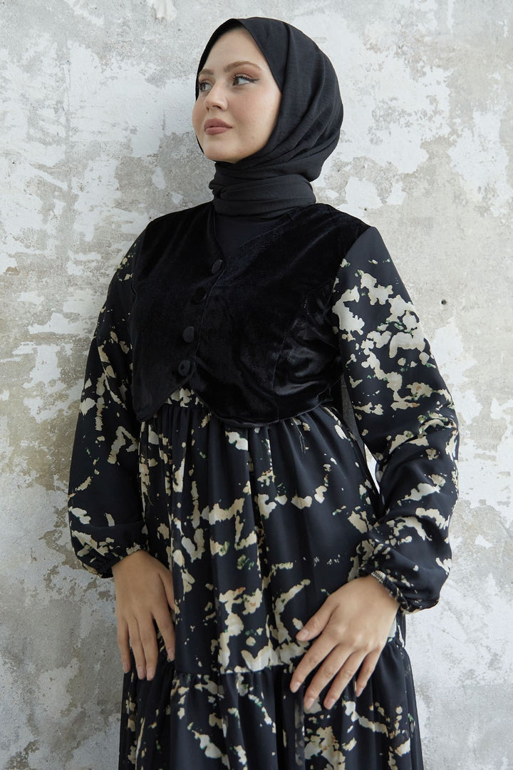 MDS Women Patterned Velvet Jacket Chiffon Dress - Black - Edmonds
