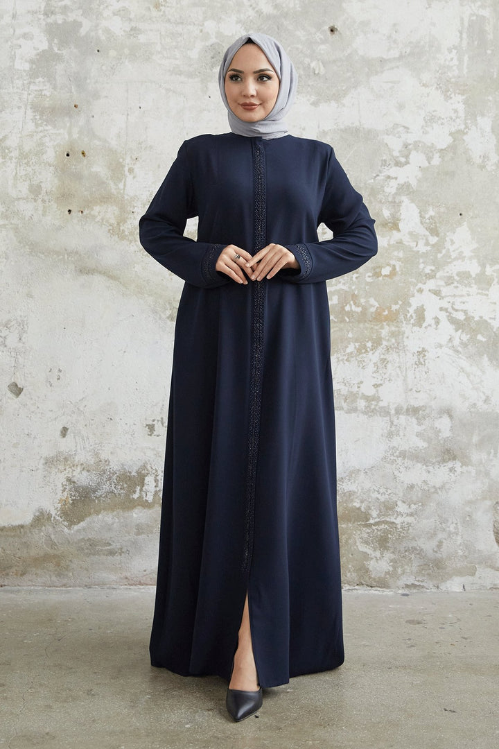 MDS Women Full Stone Detailed Abaya - Navy Blue - Hialeah