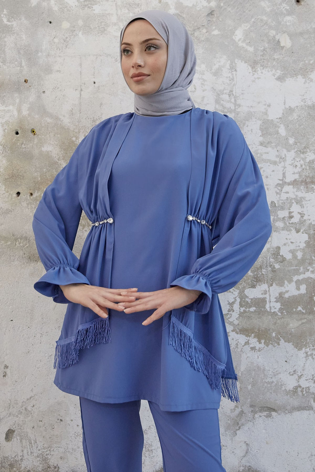 MDS Women Tassel Detail Stone Crepe Set - Indigo - Gatineau