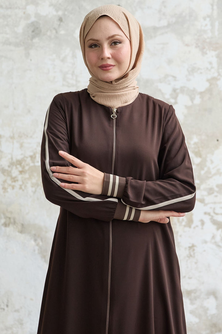 MDS Women Hazel Striped Patterned Ribbed Bitter Coffee Abaya - Quinte West
