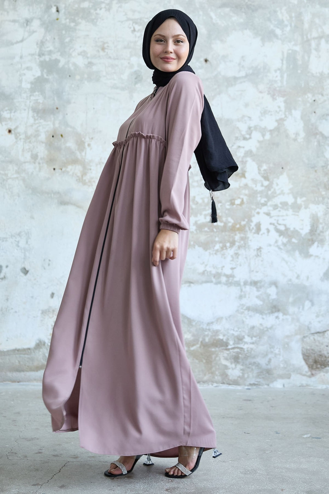 MDS Women Back Tassel Detail Ruched Powder Abaya - Broken Arrow
