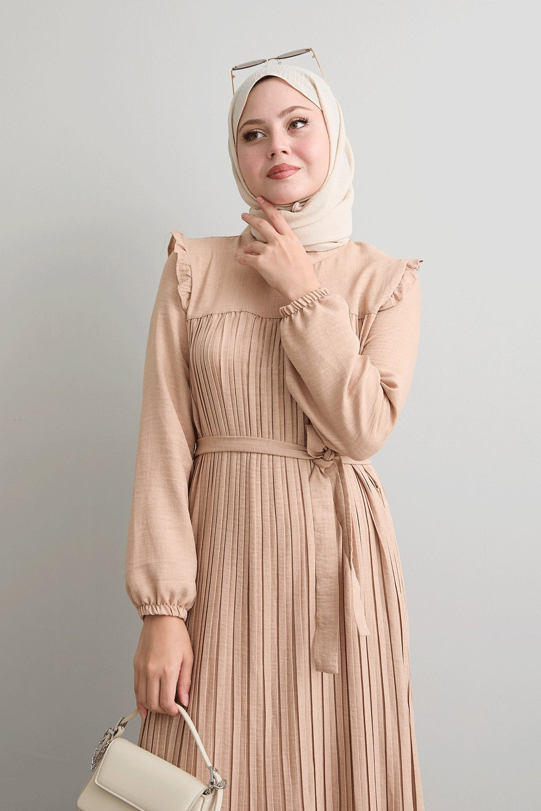 MDS Women Stone Dress with Ruffle Pleated Linen Shoulder - San Donà di Piave