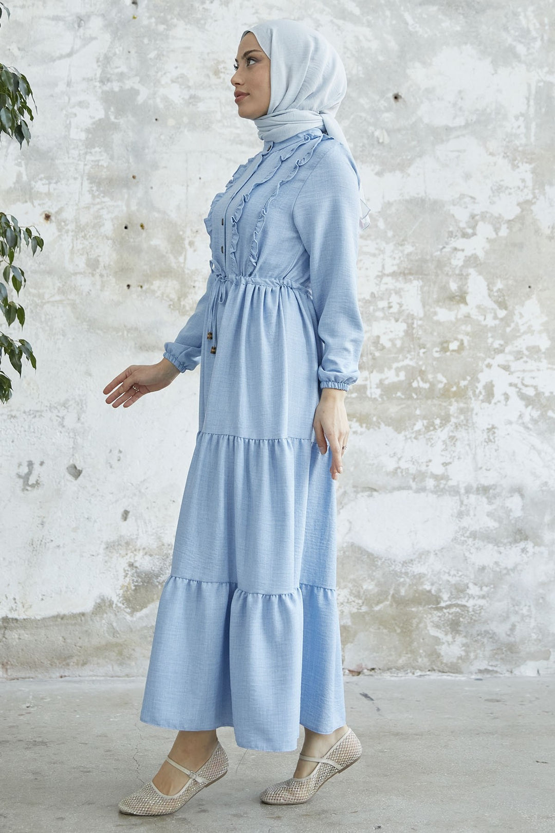 MDS Women Frilly Detail Buttoned A-line Dress - Baby Blue - Villajoyosa