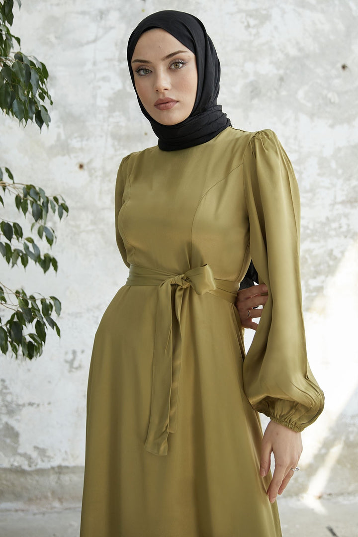 MDS Women Belted Balloon Sleeve Satin Dress - Pistachio Green - Perth