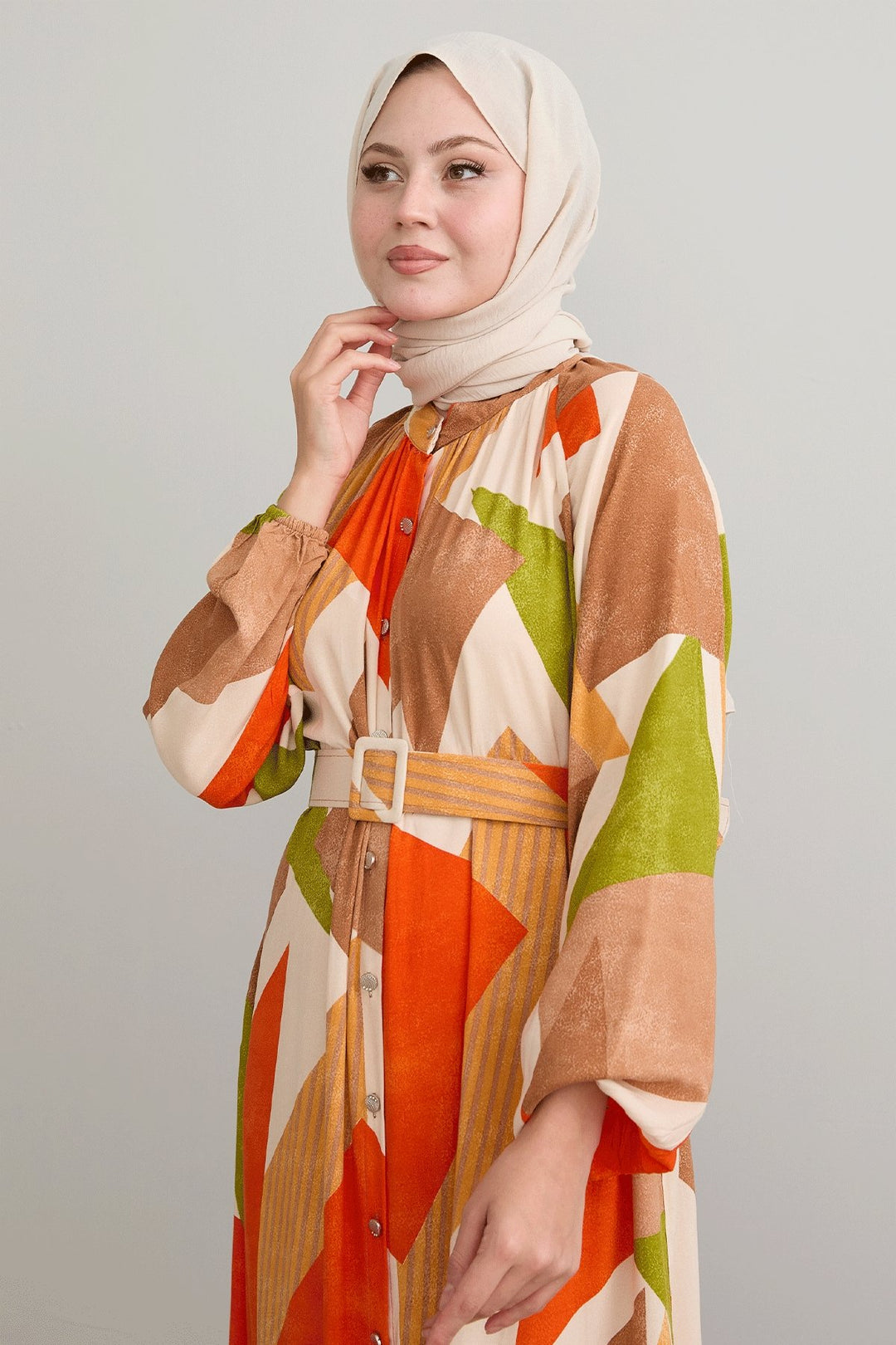MDS Women Geometric Patterned Belted Orange Viscose Dress - Heroica Matamoros