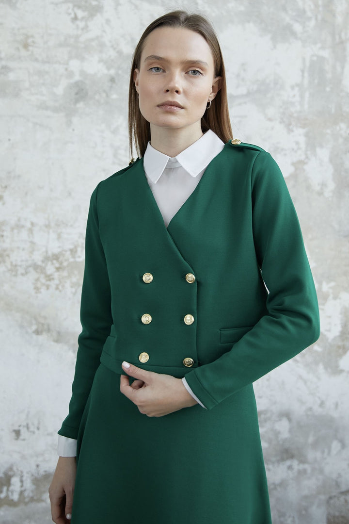 MDS Women Skirted Buttoned Jacket Scuba Suit - Green - Columbia