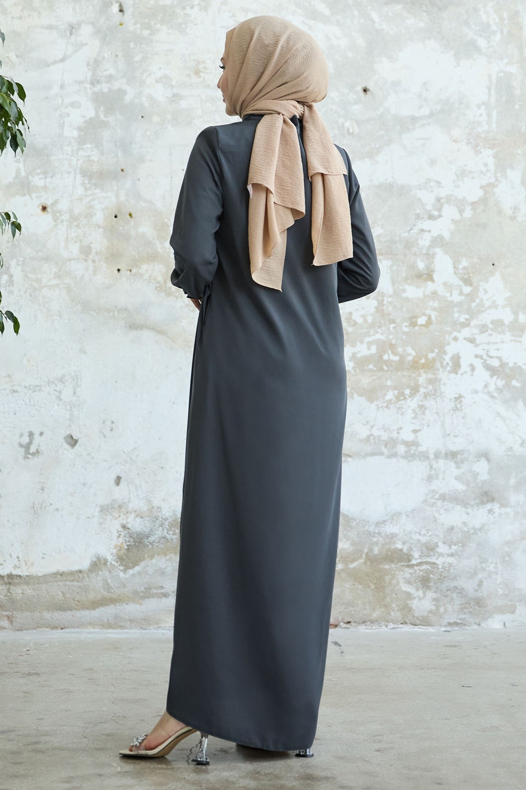 MDS Women Frilled Flounce Asymmetric Cut Anthracite Abaya - Silves
