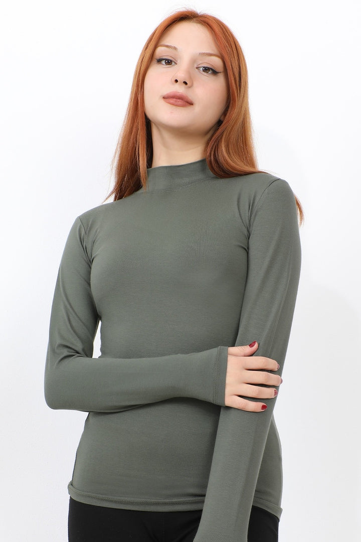 MDS Women Long Sleeve Fisherman Collar Basic Body - Khaki - Eastvale