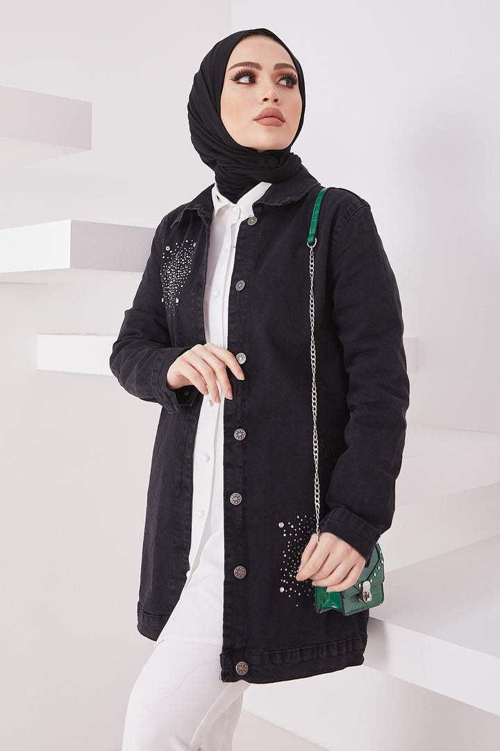 MDS Women Pearl Detailed Denim Jacket - Black - Córdoba