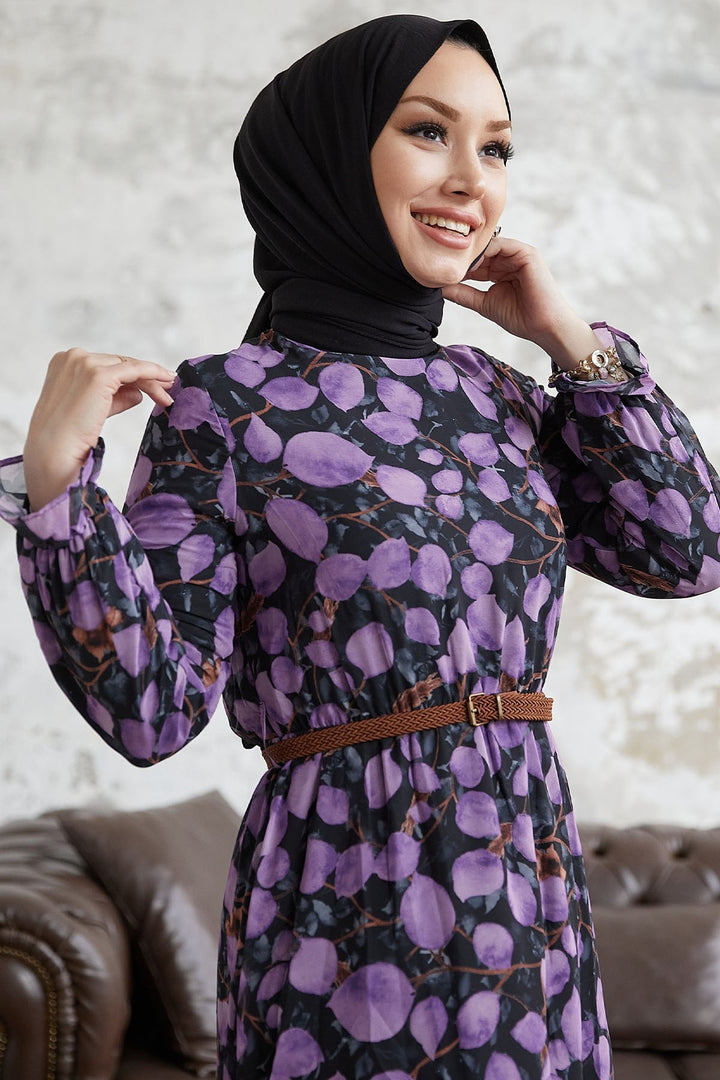 MDS Women Droplet Patterned Belted Chiffon Dress - Purple - Torres Novas