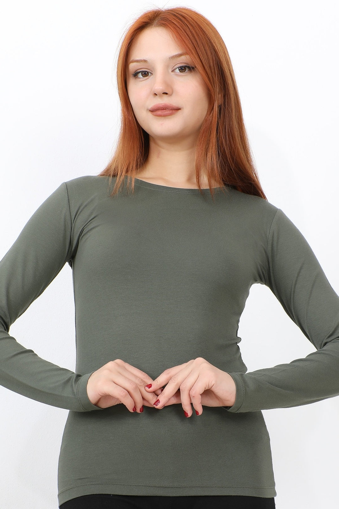 MDS Women Long Sleeve Bicycle Neck Basic Bodysuit - Khaki - Colton