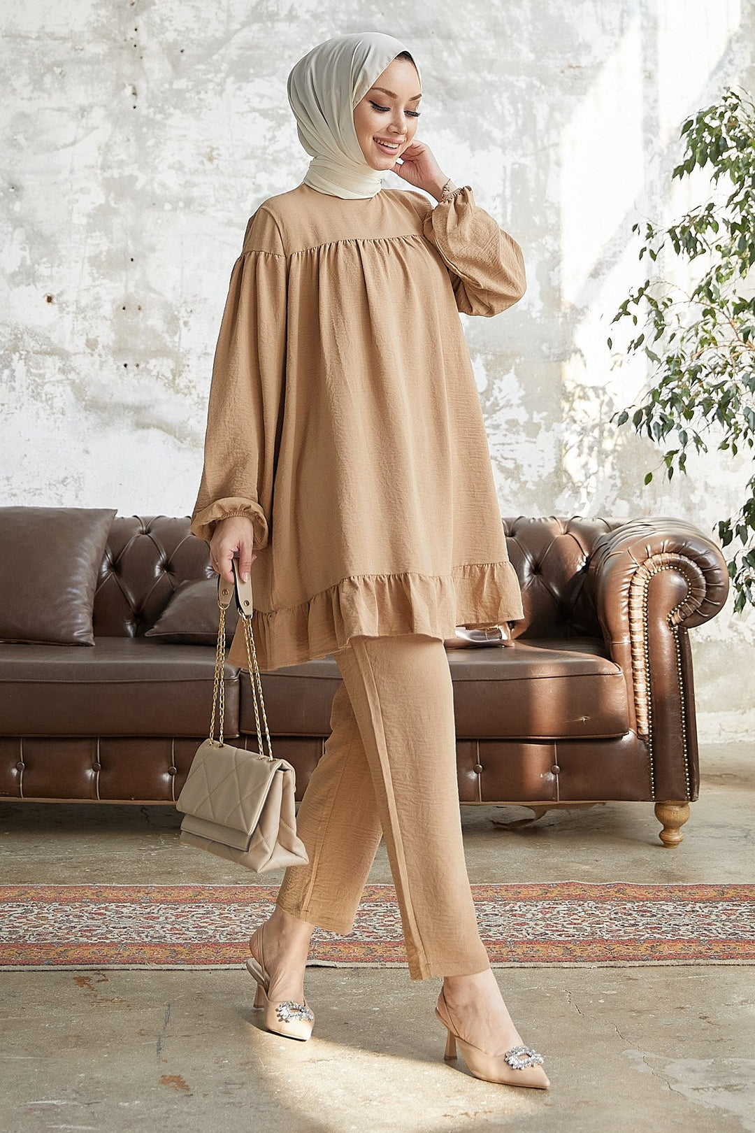 MDS Women Frilly Skirt Set - Light Brown - Santa Ana Chiautempan
