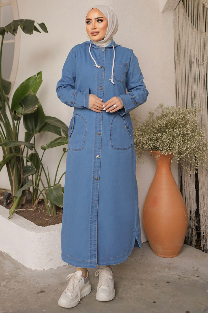 MDS Women Pocket Hooded Denim Abaya - Blue - Ladispoli