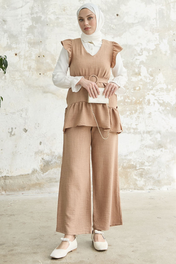 MDS Women Ruffled Shoulder Three Piece Set - Camel - Ilioúpoli