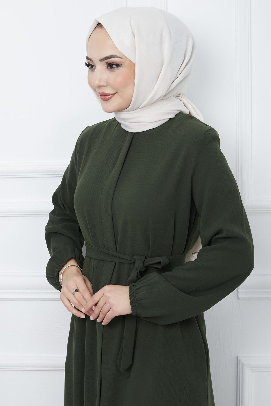 MDS Women Belted Honeycomb Fabric Abaya - Khaki - Zhytomyr