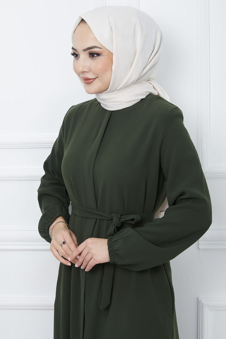 MDS Women Belted Honeycomb Fabric Abaya - Khaki - Zhytomyr