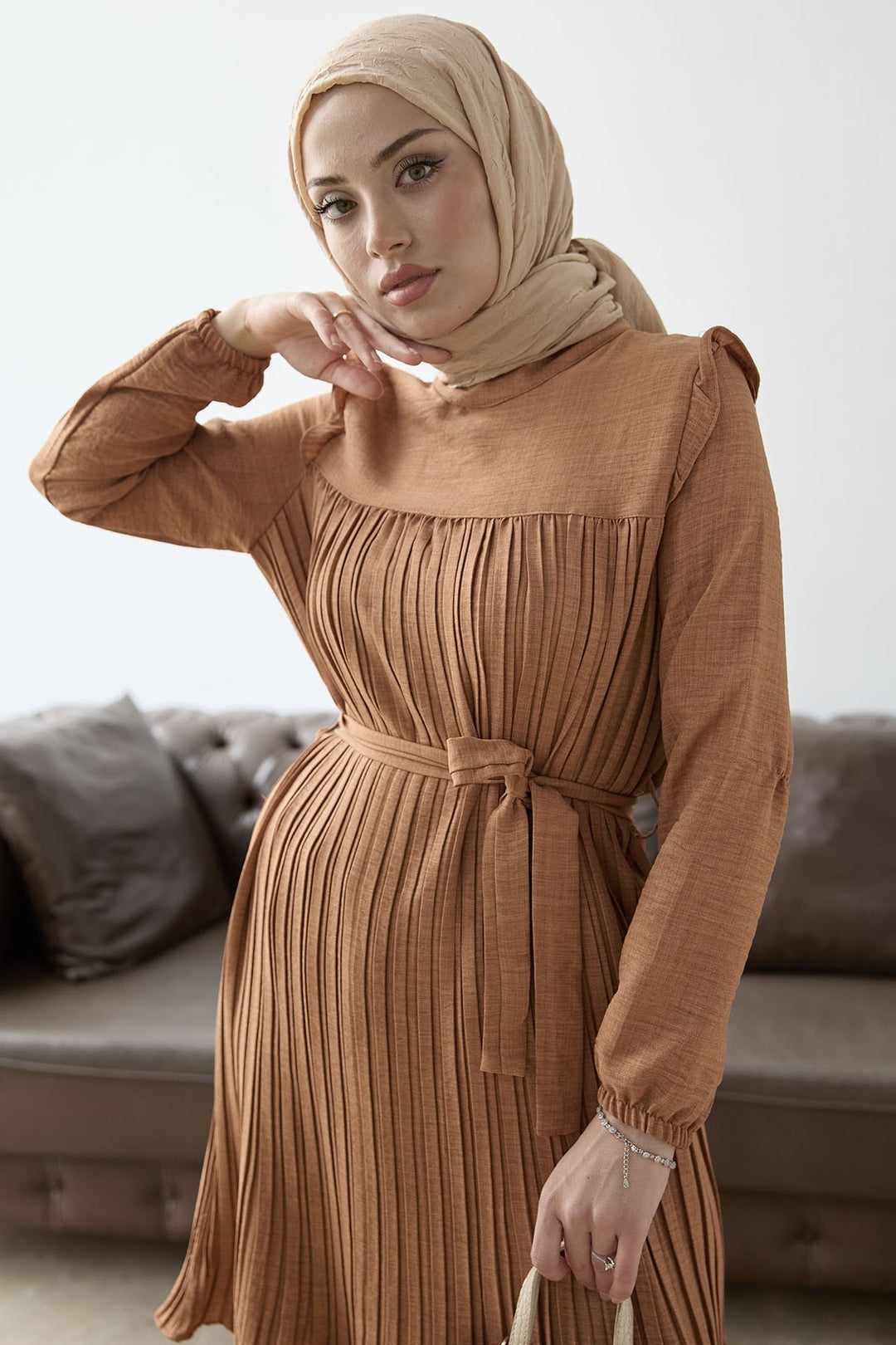 MDS Women Front Pleated Ruffle Detail Set - Camel - St. Cloud