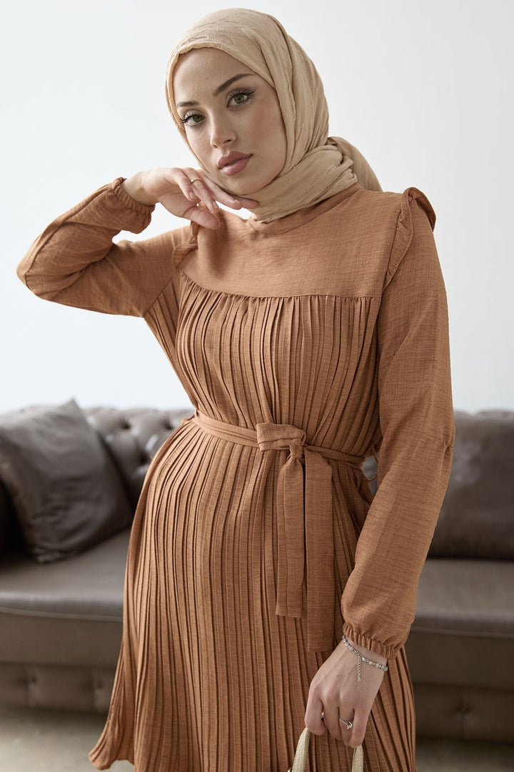 MDS Women Front Pleated Ruffle Detail Set - Camel - St. Cloud