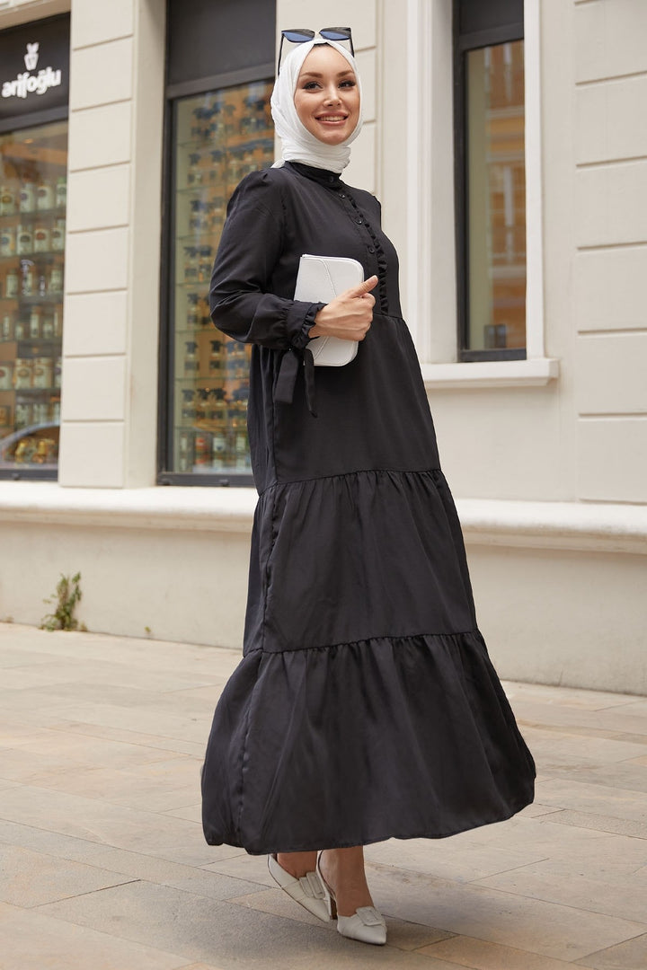MDS Women Frilly Ruffle Sleeve Belted Dress - Black - Plainfield