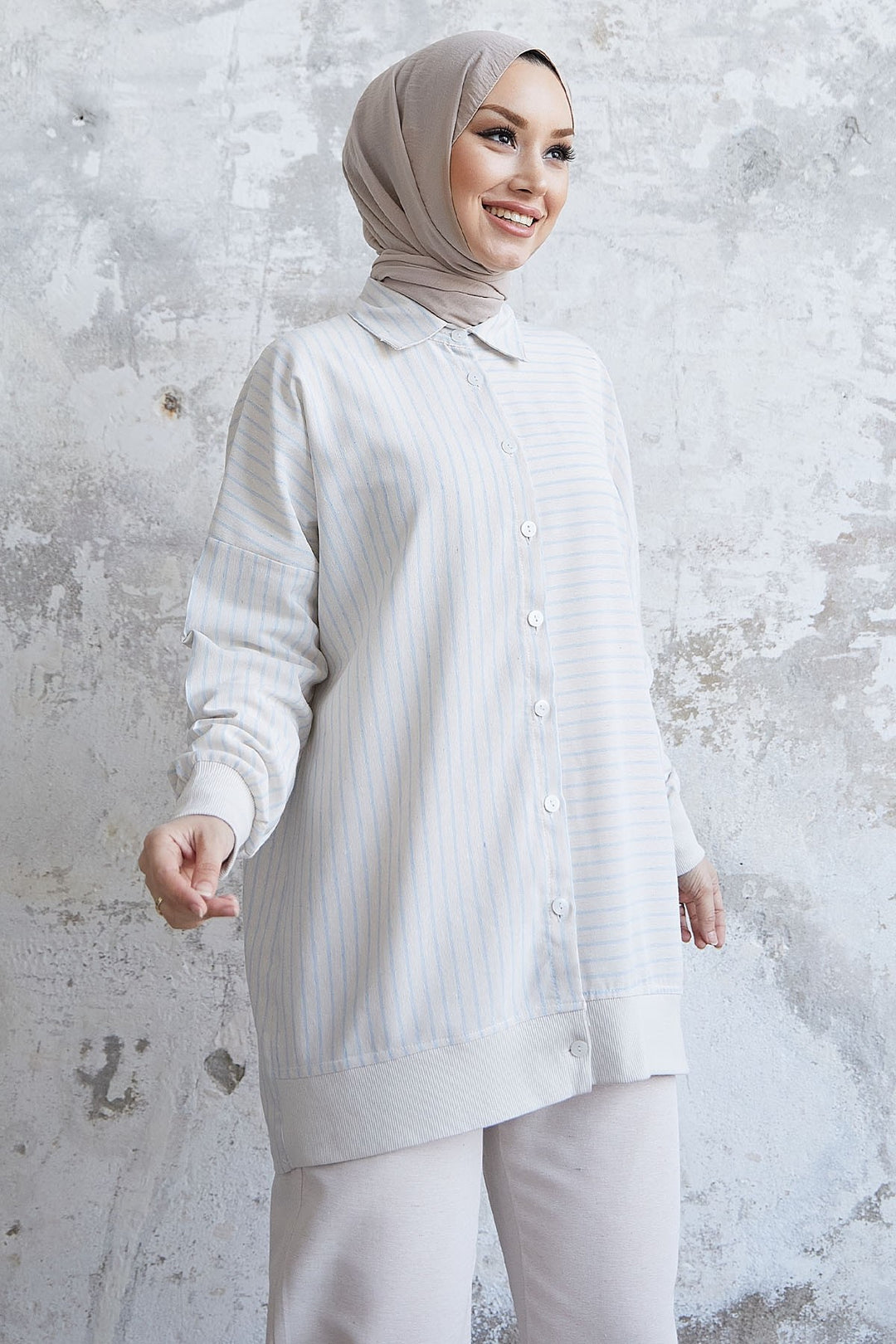MDS Women Striped Pattern Linen Shirt Set - Light Blue - Matamoros