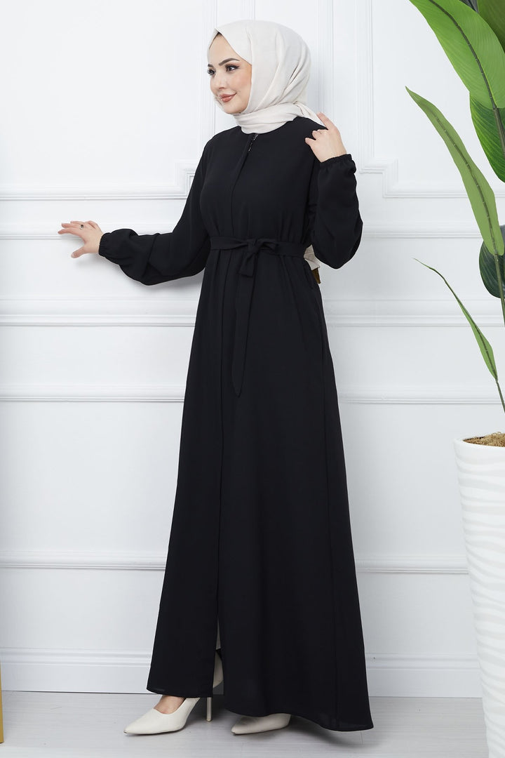 MDS Women Belted Honeycomb Fabric Abaya - Black - Huauchinango