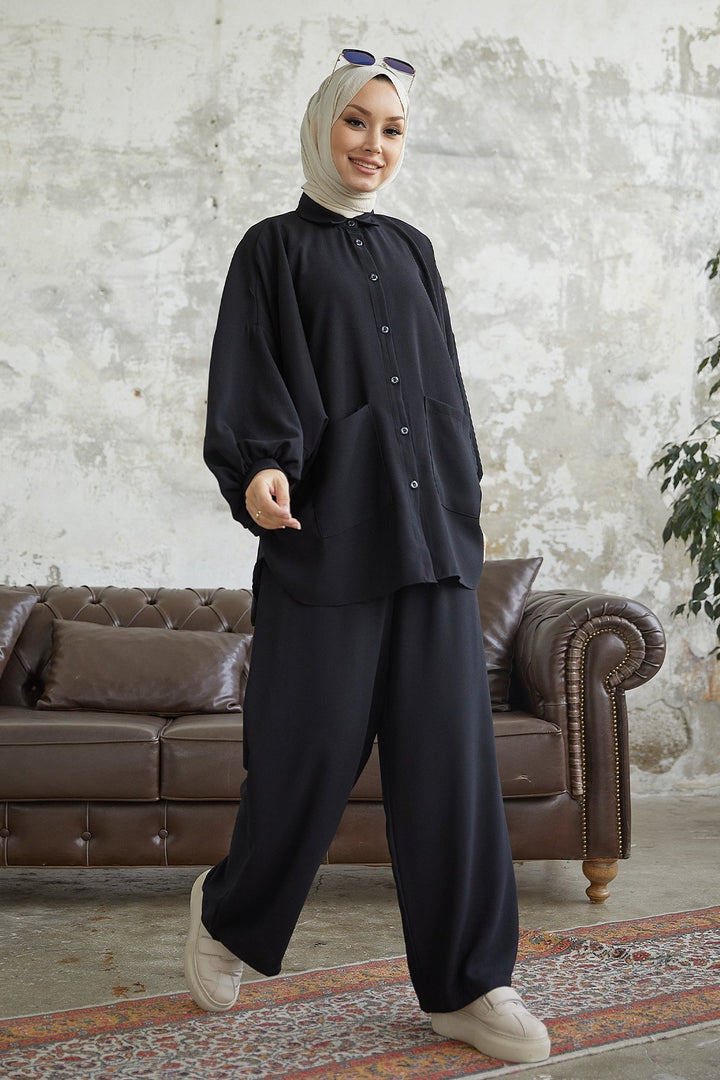 MDS Women Muno Balloon Sleeve Casual Set - Black - Beaumont