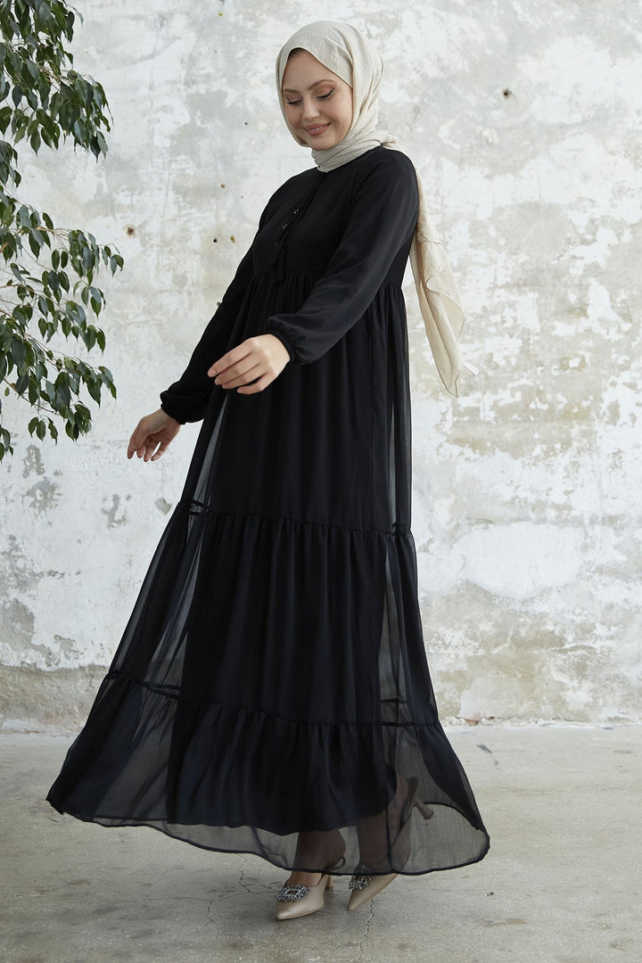 MDS Women Lace-Up Yoryo Chiffon Dress - Black - Vila Real