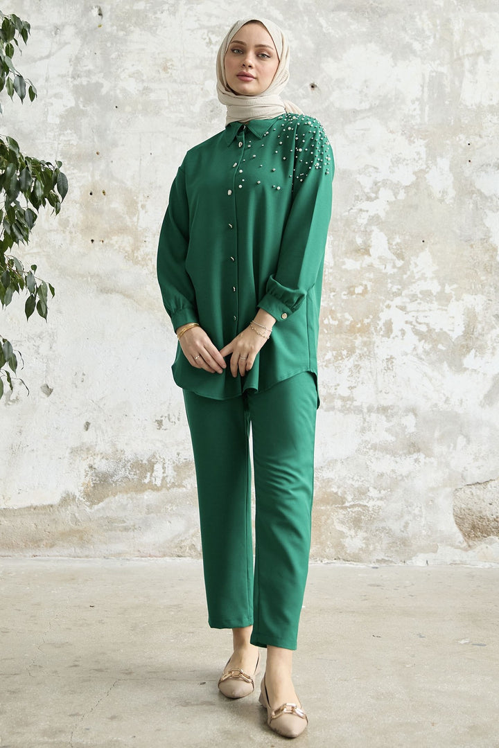 MDS Women Linen Set with Emerald Green Embroidery - Washington