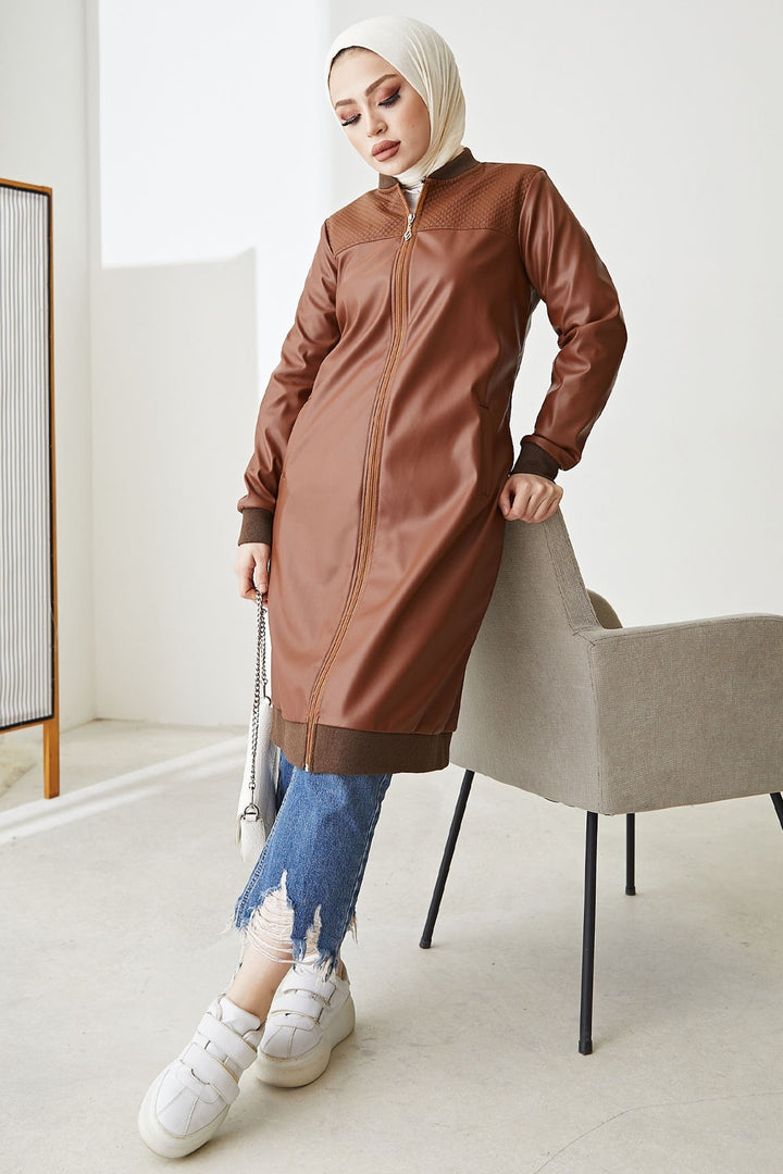 MDS Women Ribbed Zip Leather Jacket - Brown - Monza