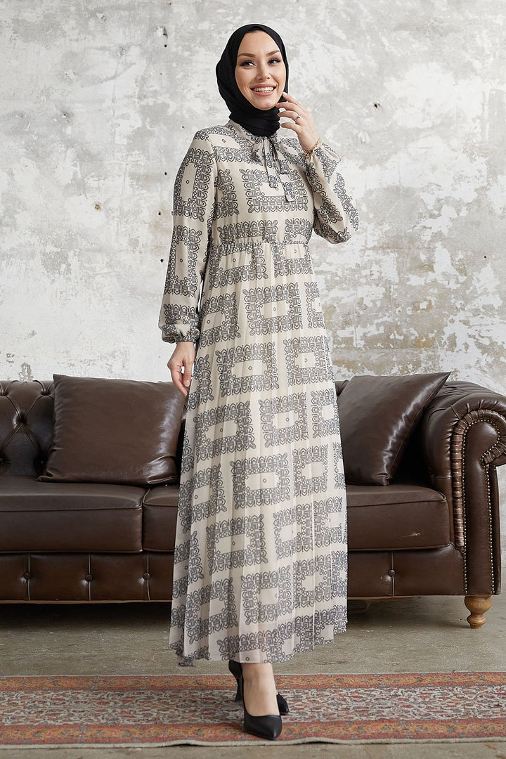 MDS Women White Chiffon Dress with Ethnic Pattern and Tie Collar - Boucherville