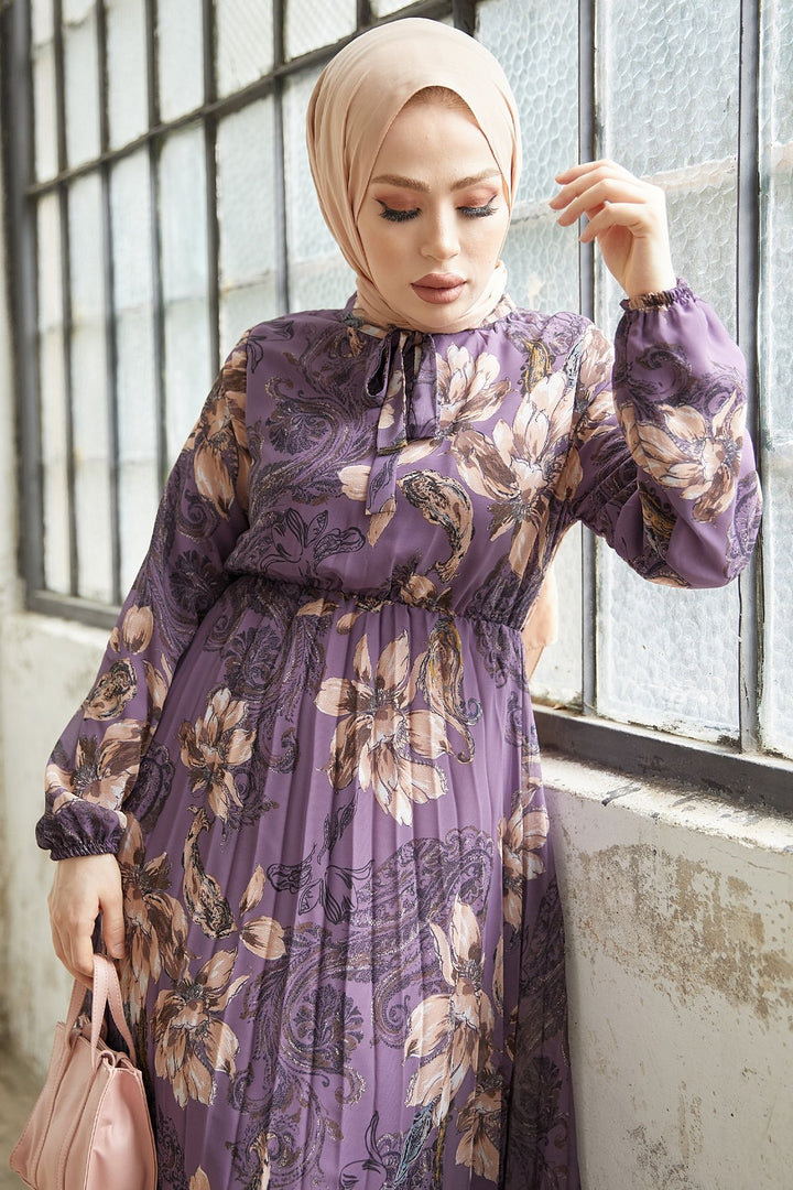 MDS Women Serena Flower Patterned Pleated Chiffon Dress - Purple - Catanzaro