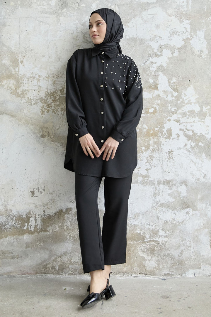 MDS Women Linen Set with Embroidery - Black - Baytown