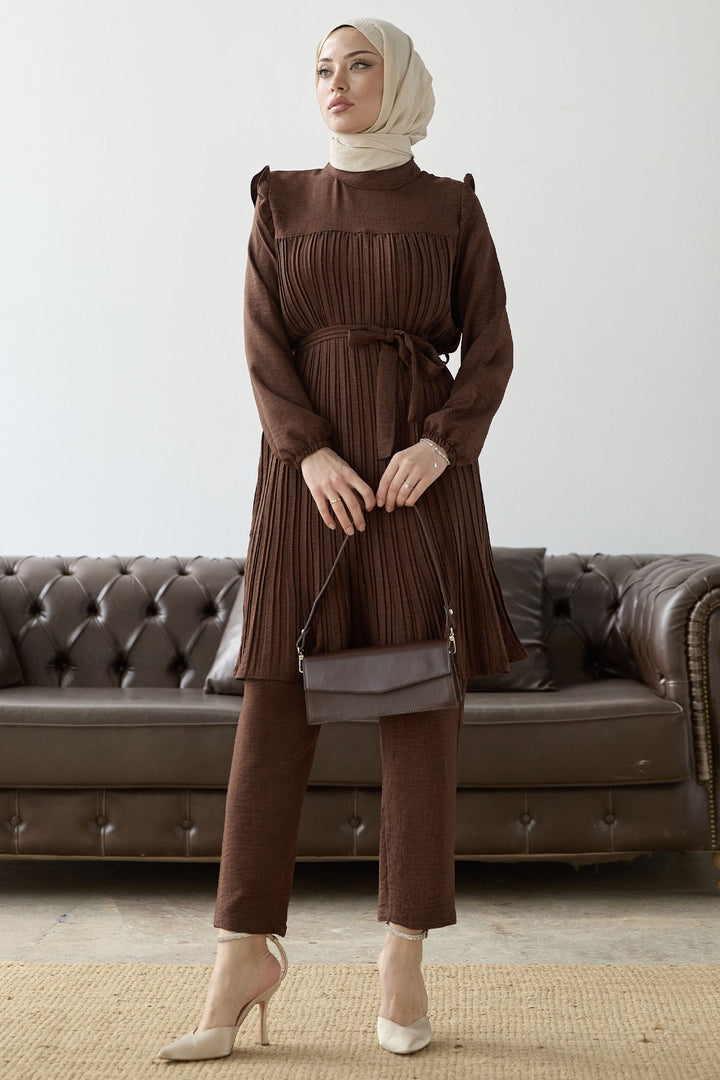 MDS Women Front Pleated Ruffle Detail Set - Bitter Coffee - Coventry