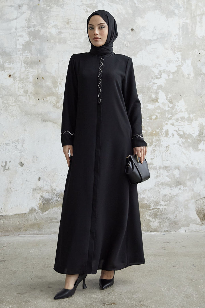 MDS Women Spiral Stone Detailed Honeycomb Abaya - Black - Grand Junction