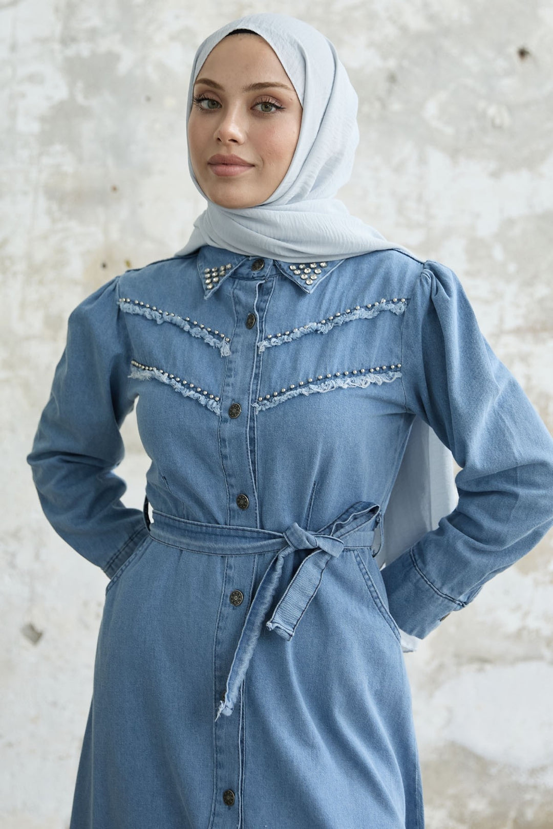 MDS Women Tasseled Beaded Denim Dress - Blue - Queen Creek