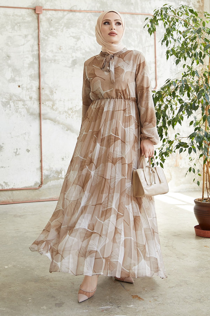 MDS Women Layla Patterned Chiffon Dress - Light Brown - Beja