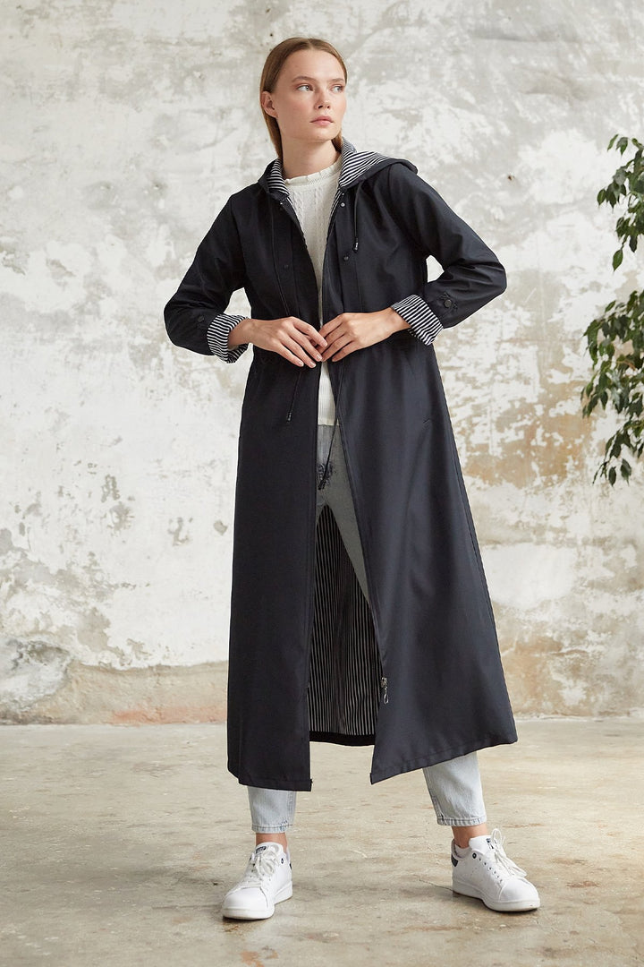 MDS Women Striped Patterned Long Trench Coat - Black - Alghero