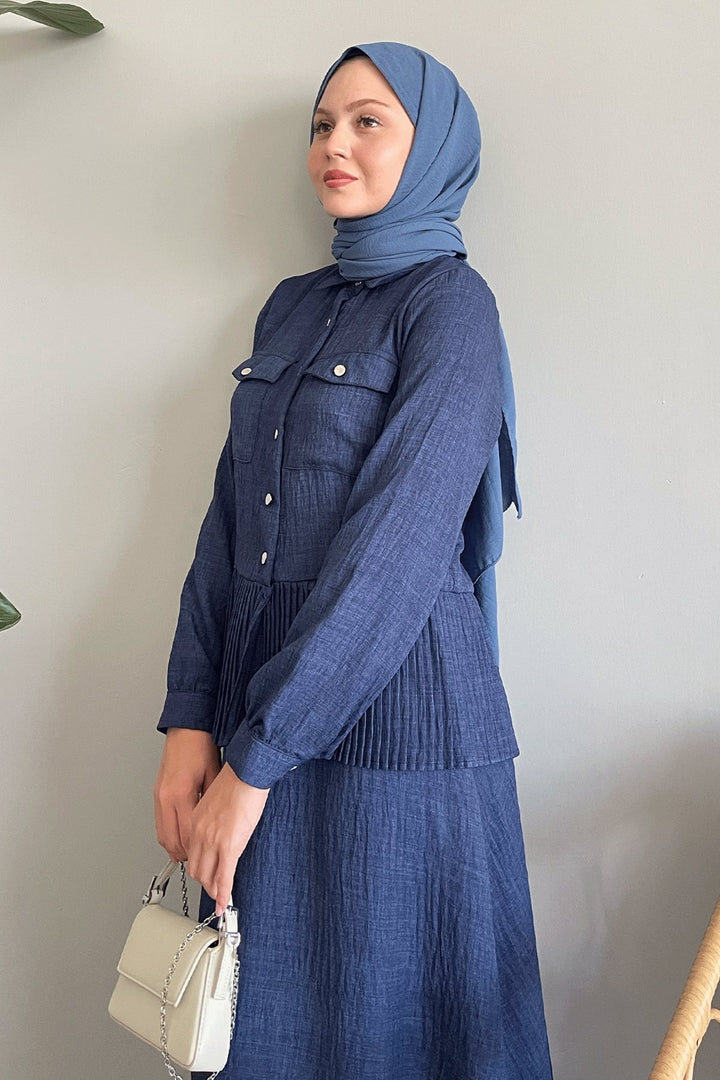 MDS Women Navy Linen Suit with Pleated Skirt - Andover