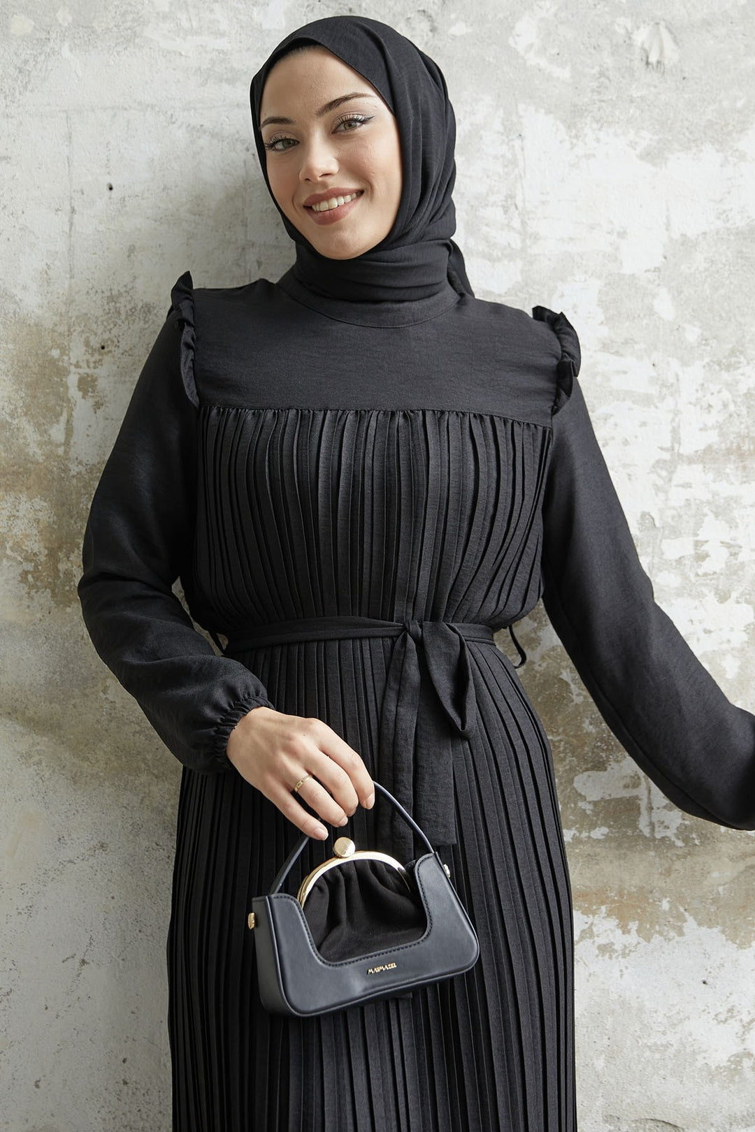MDS Women Ruffle Trim Linen Dress with Puffed Shoulders - Black - Vitrolles