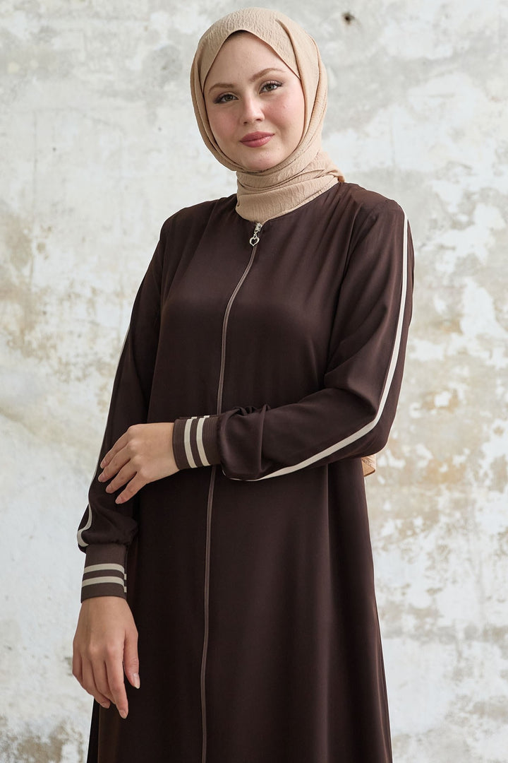 MDS Women Hazel Striped Patterned Ribbed Bitter Coffee Abaya - Quinte West