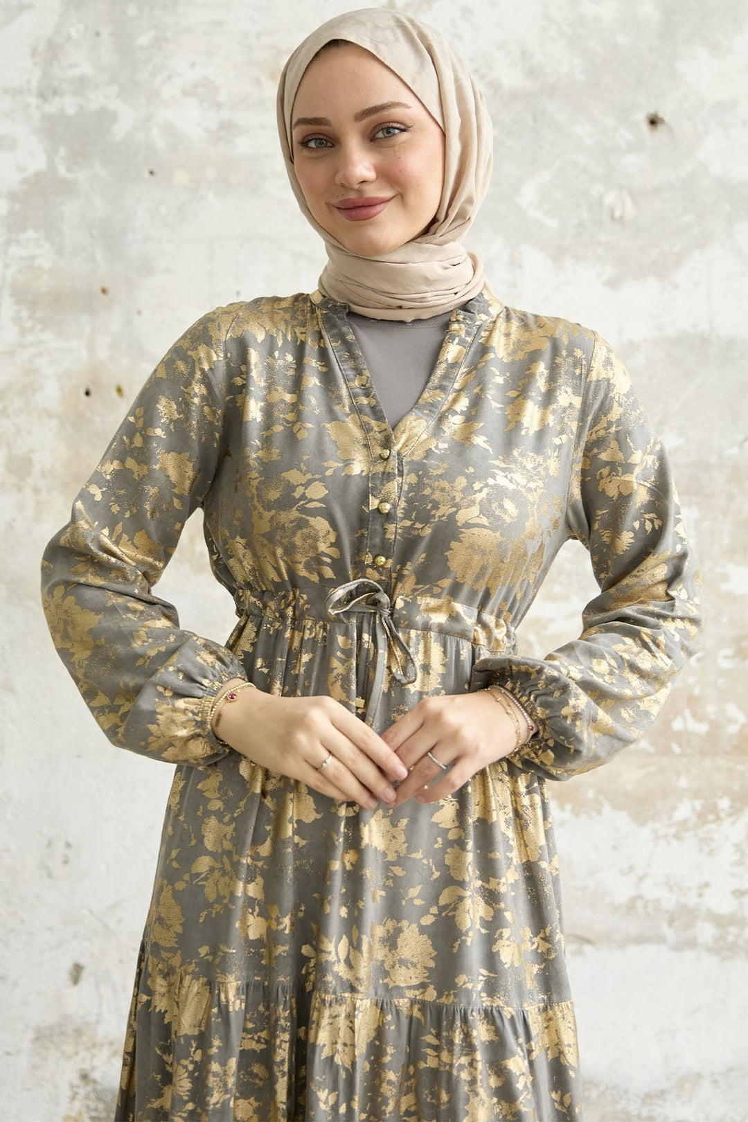 MDS Women Leaf Pattern Dress with Gold Leaf - Gray - Pombal