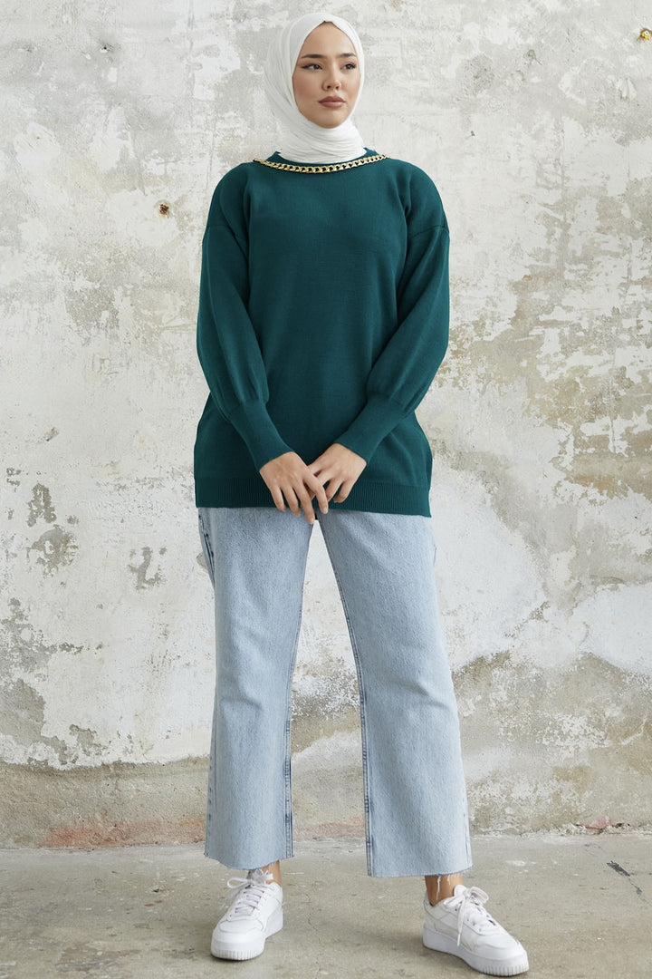 MDS Women Green Chain Detailed Knit Sweater - Emerald Green - Limerick