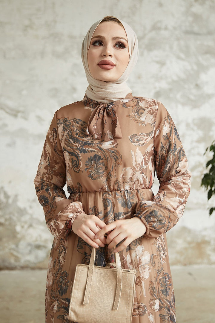 MDS Women Serena Flower Patterned Pleated Chiffon Dress - Brown - Ancona