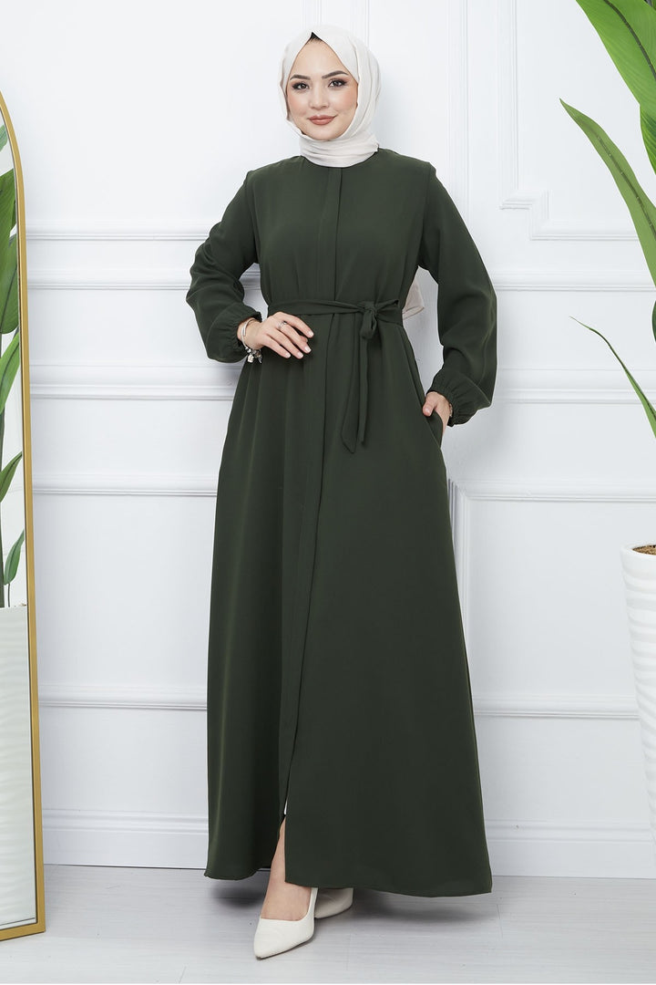MDS Women Belted Honeycomb Fabric Abaya - Khaki - Zhytomyr