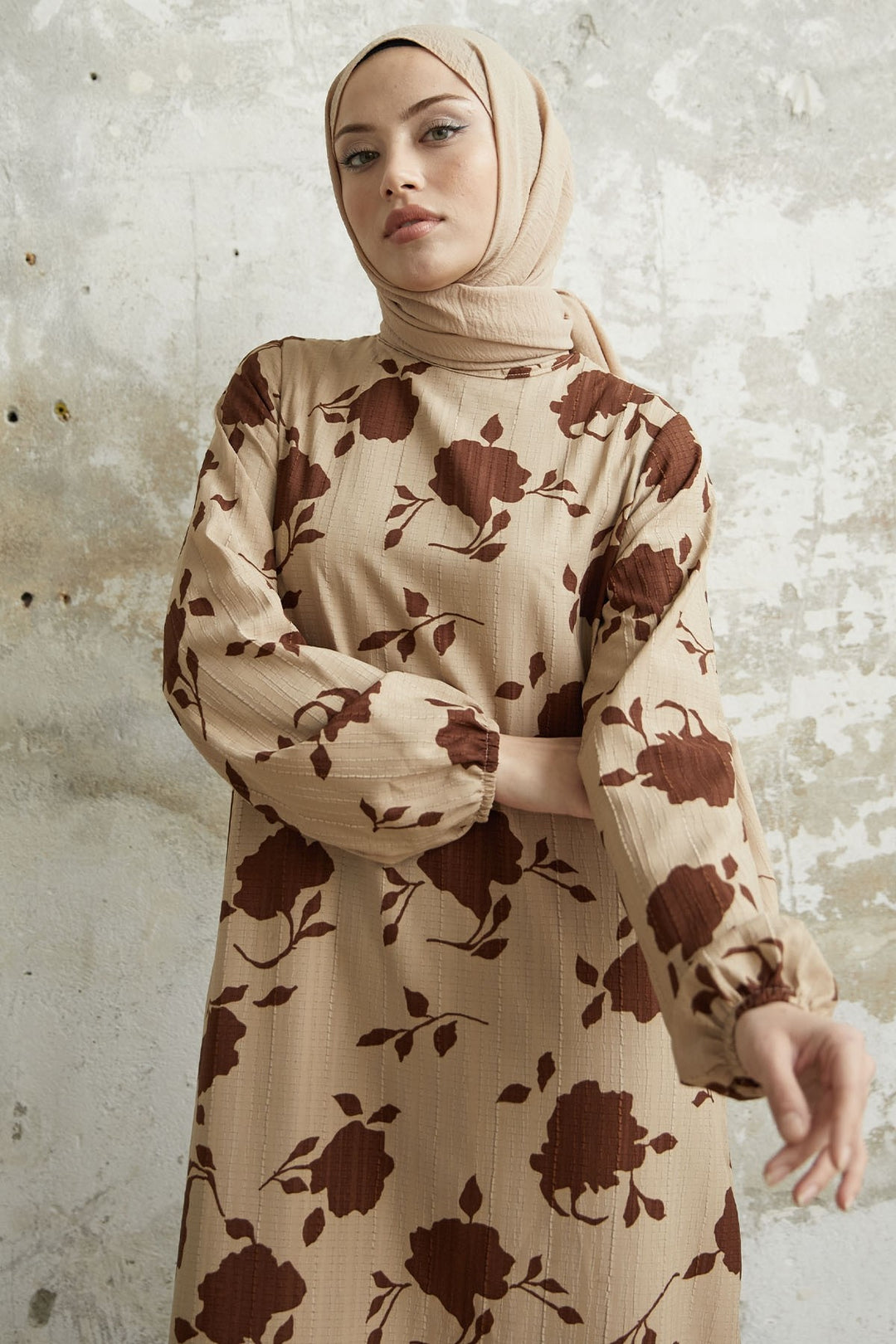 MDS Women Large Flower Pattern Dress - Brown - Dunkerque