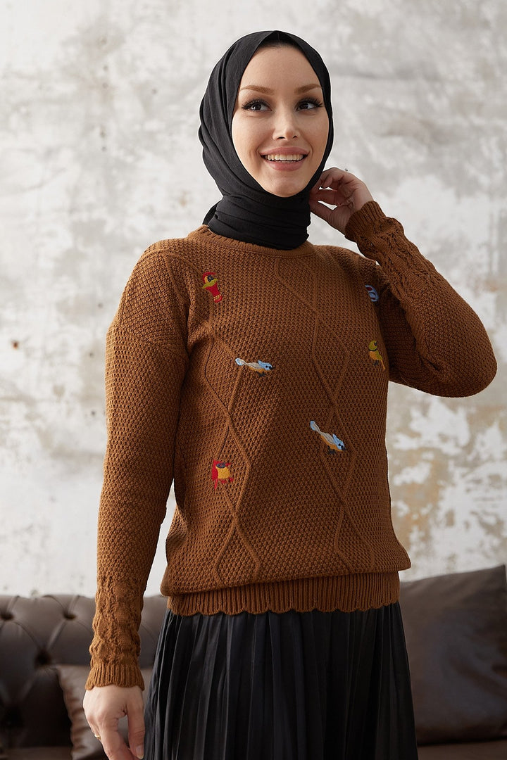MDS Women Minsa Bird Pattern Embroidered Sweater - Brown - Pärnu