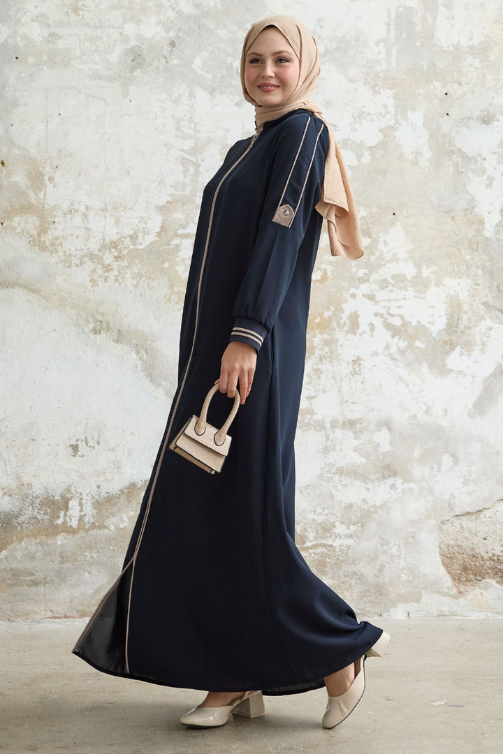 MDS Women Navy Blue Abaya with Half Collar and Striped Cuff - Owings Mills